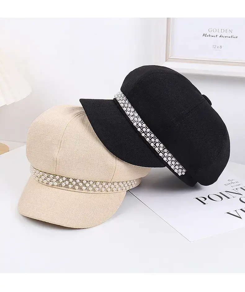 Women Rhinestone Pearl Chain Octagonal Hats Black Beige — feature 18