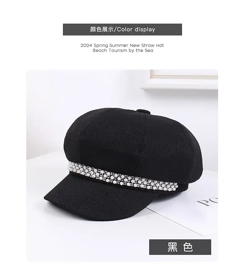 Women Rhinestone Pearl Chain Octagonal Hats Black Beige — feature 19