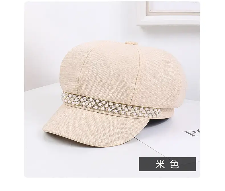 Women Rhinestone Pearl Chain Octagonal Hats Black Beige — feature 20