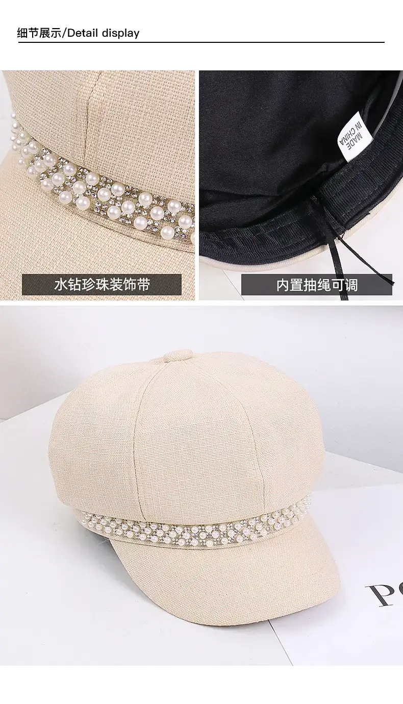 Women Rhinestone Pearl Chain Octagonal Hats Black Beige — feature 21