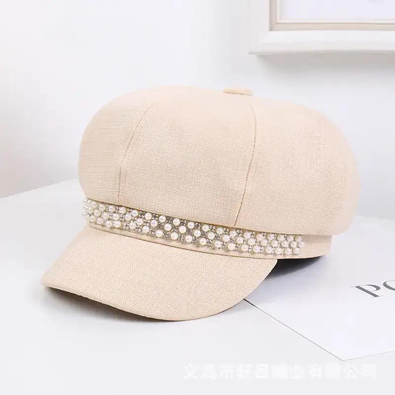 Women Rhinestone Pearl Chain Octagonal Hats Black Beige - Image 2