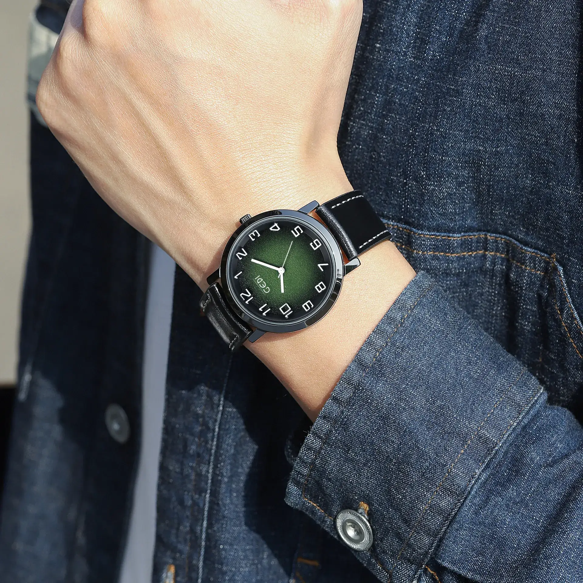 Men's Green Dial Quartz Watch with Leather Strap - Image 5