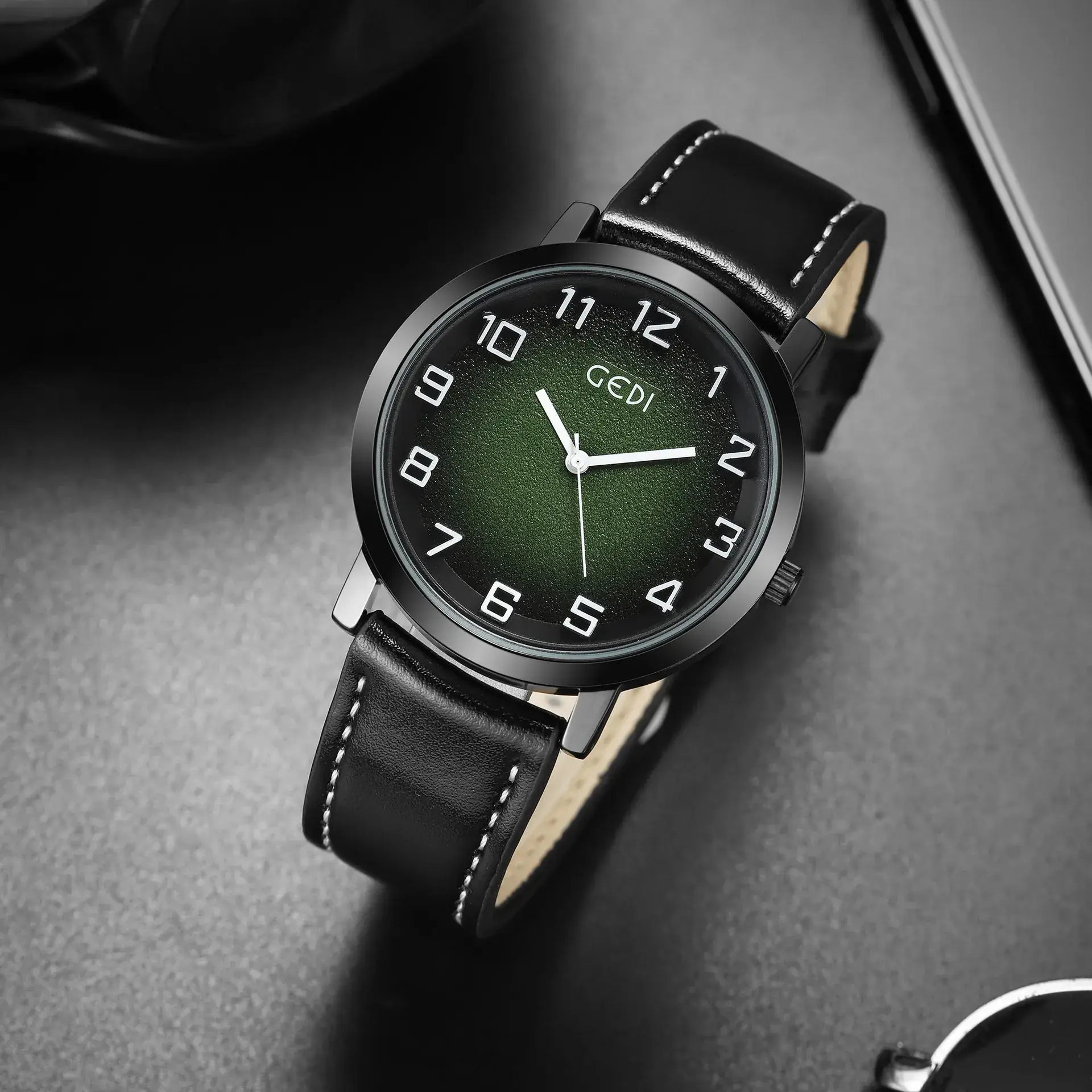 Men's Green Dial Quartz Watch with Leather Strap - Image 2