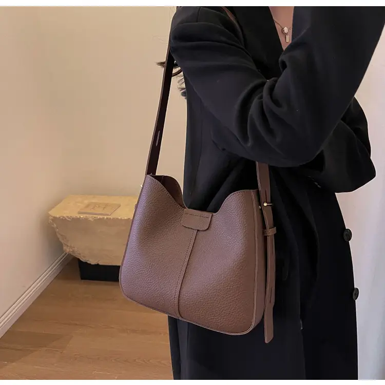 Women's Brown Leather Shoulder Bag with Long Handle — feature 13