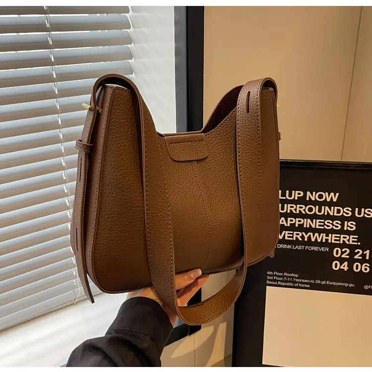 Women's Brown Leather Shoulder Bag with Long Handle — feature 25