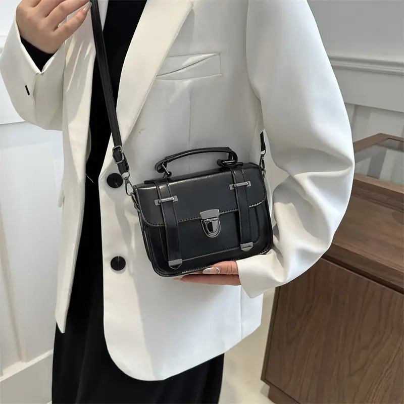 Black Women's Square Crossbody Bag with Metal Buckle - Image 6