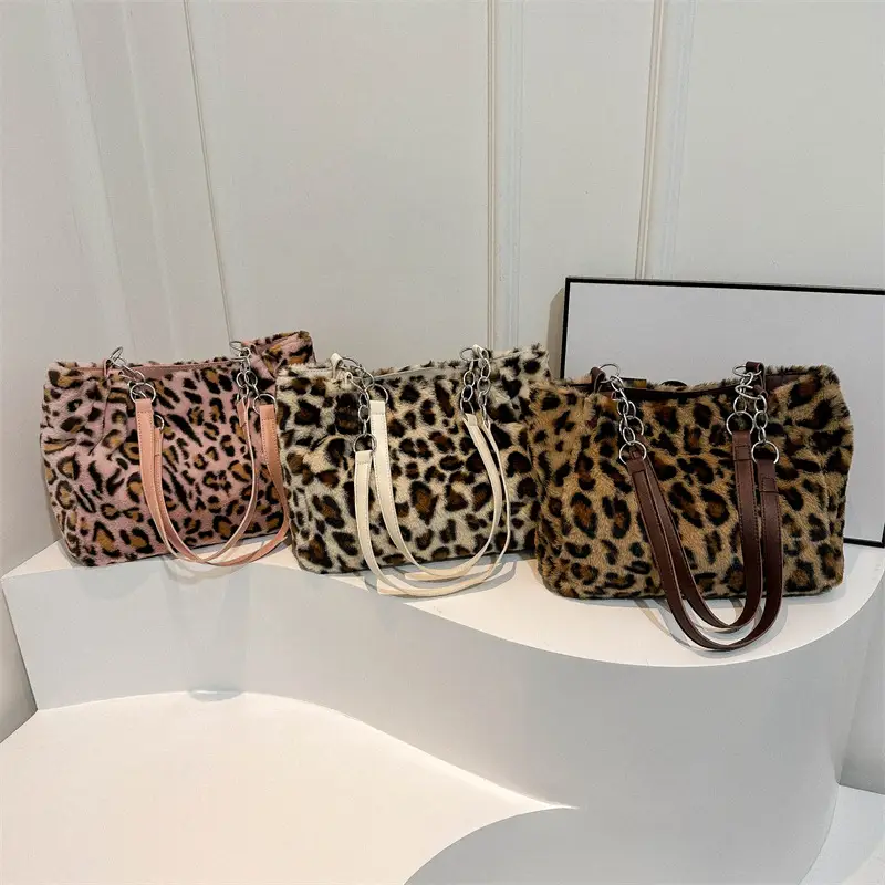 Leopard Print Plush Shoulder Bag Women Large Capacity - Image 7