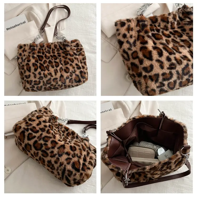 Plush Leopard Print Shoulder Bag for Women — feature 7