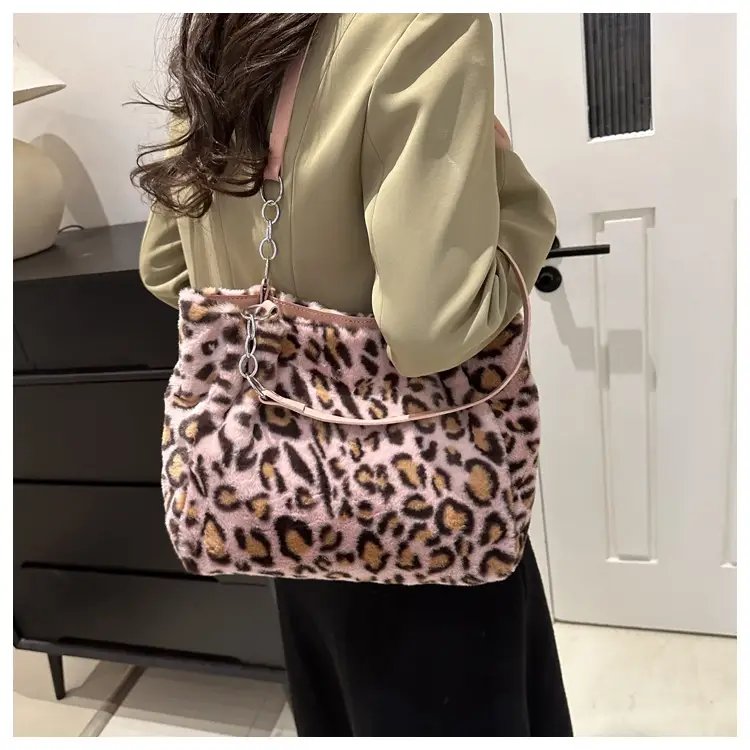 Plush Leopard Print Shoulder Bag for Women — feature 9