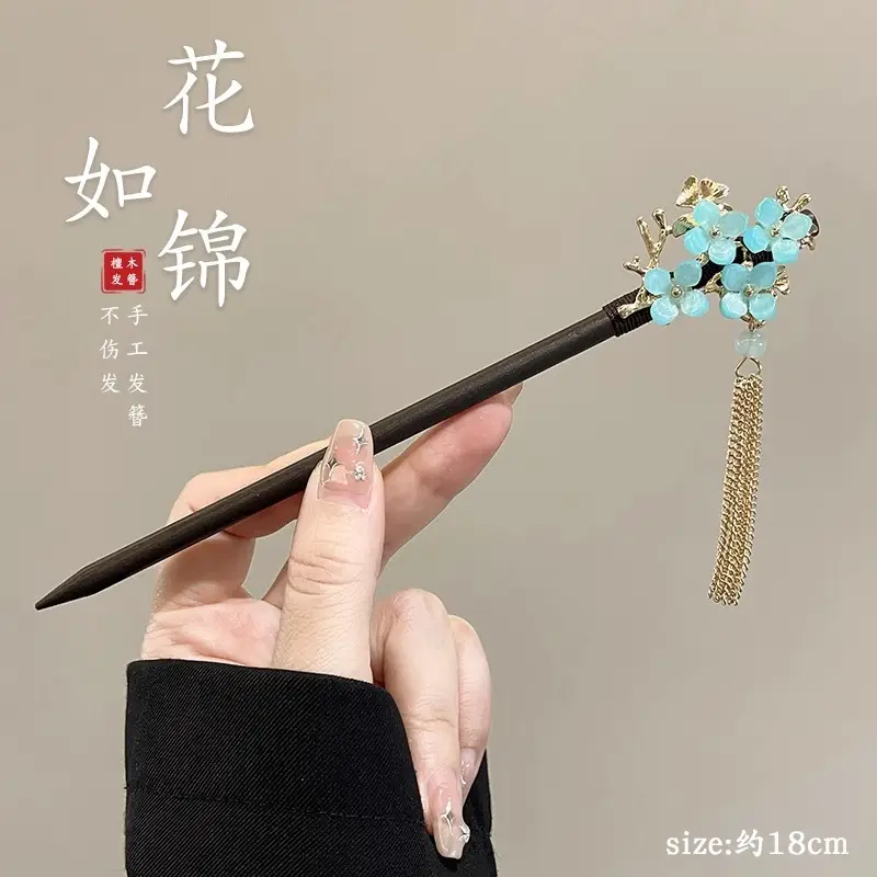 Blue Flower Hairpin with Pearl Drop for Women