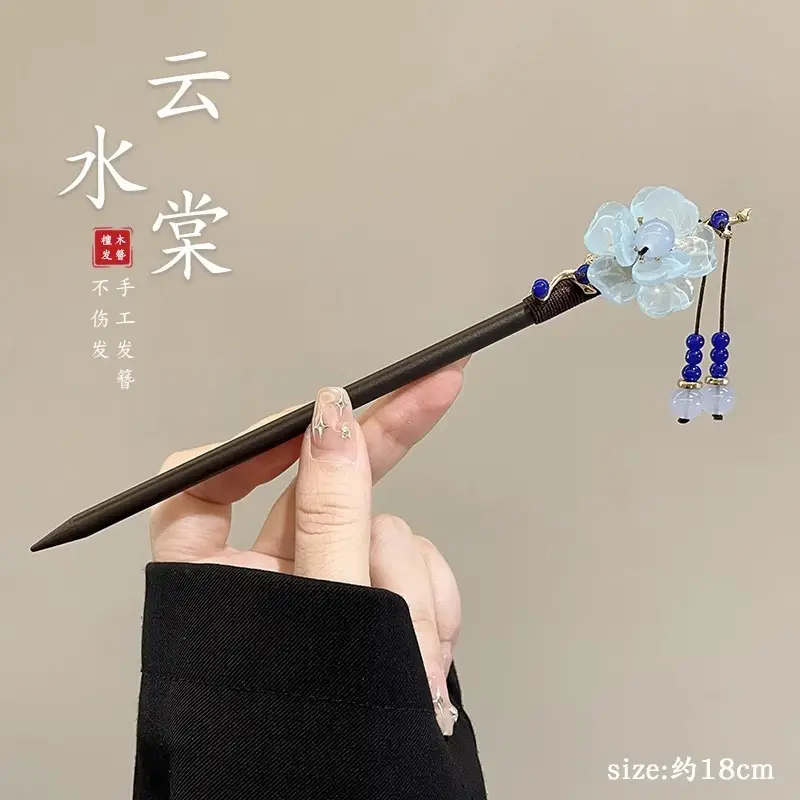 Blue Flower Hairpin with Pearl Drop for Women
