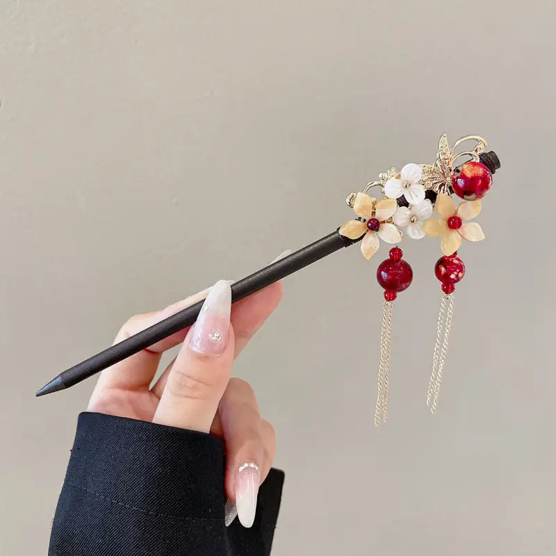 Blue Flower Hairpin with Pearl Drop for Women