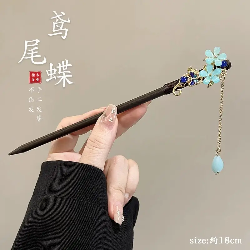 Blue Flower Hairpin with Pearl Drop for Women