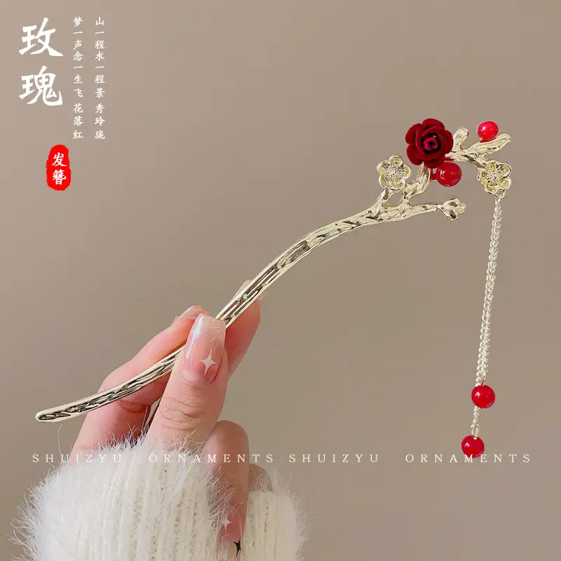 Blue Flower Hairpin with Pearl Drop for Women