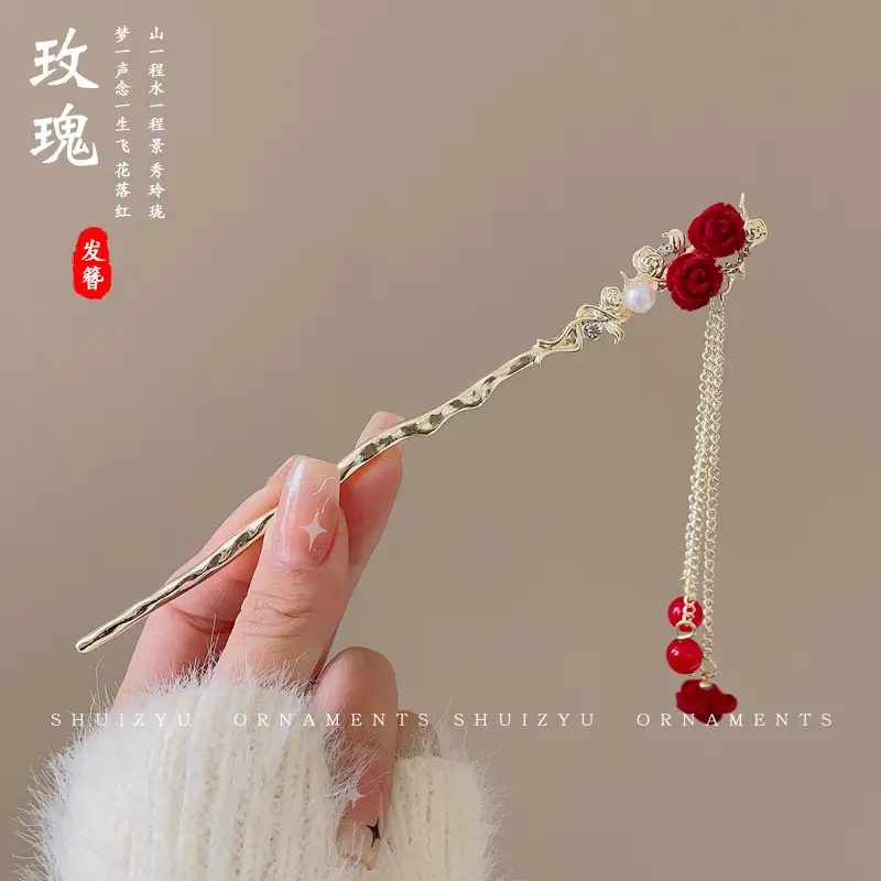 Blue Flower Hairpin with Pearl Drop for Women