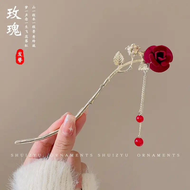 Blue Flower Hairpin with Pearl Drop for Women