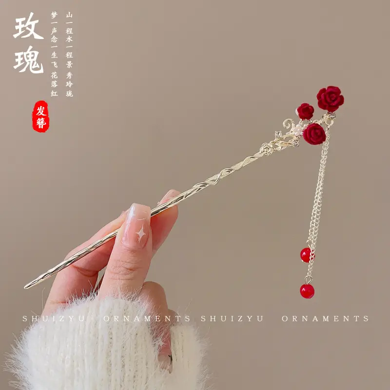 Blue Flower Hairpin with Pearl Drop for Women