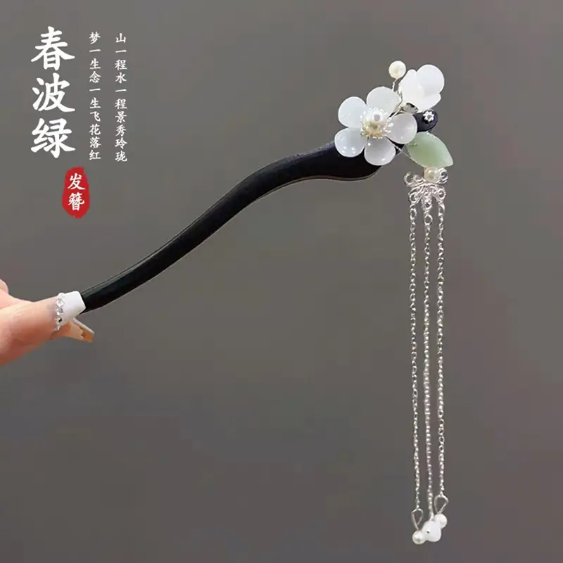 Blue Flower Hairpin with Pearl Drop for Women