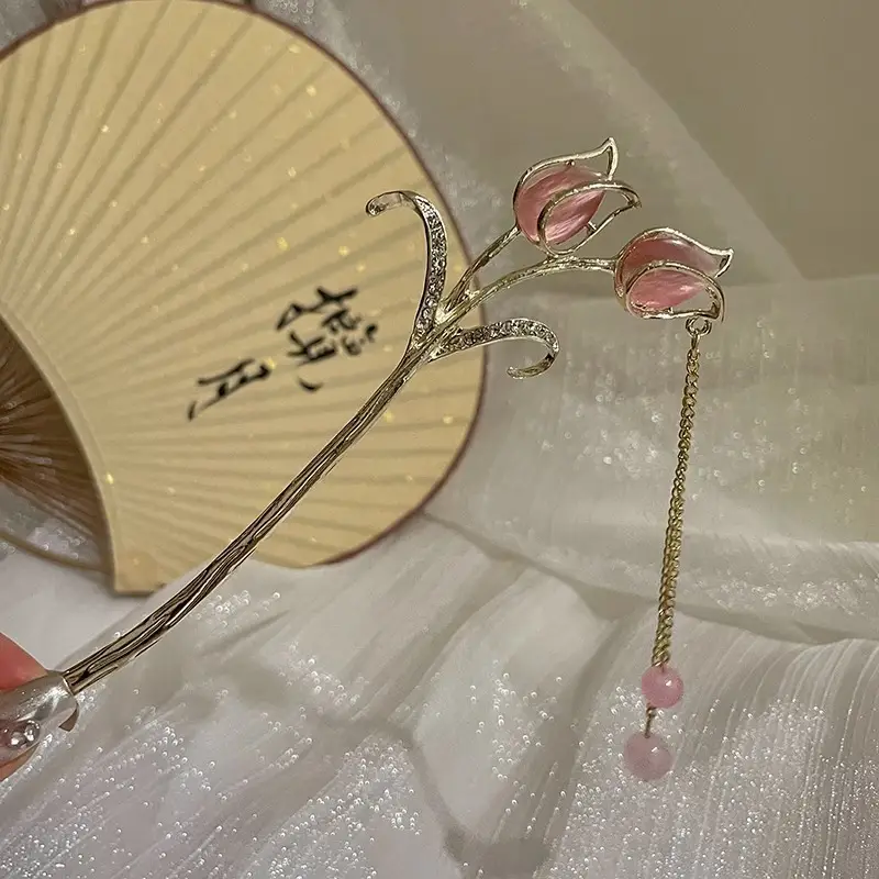 Blue Flower Hairpin with Pearl Drop for Women