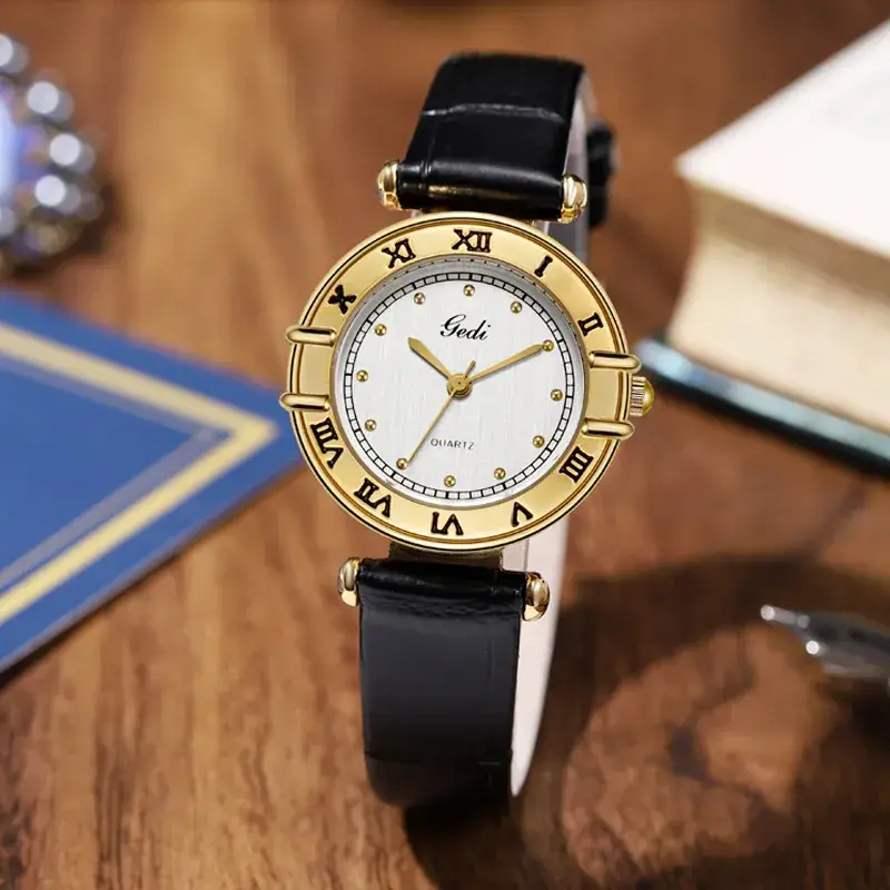 Gedi Women's Roman Dial Watch Gold Black Leather Band