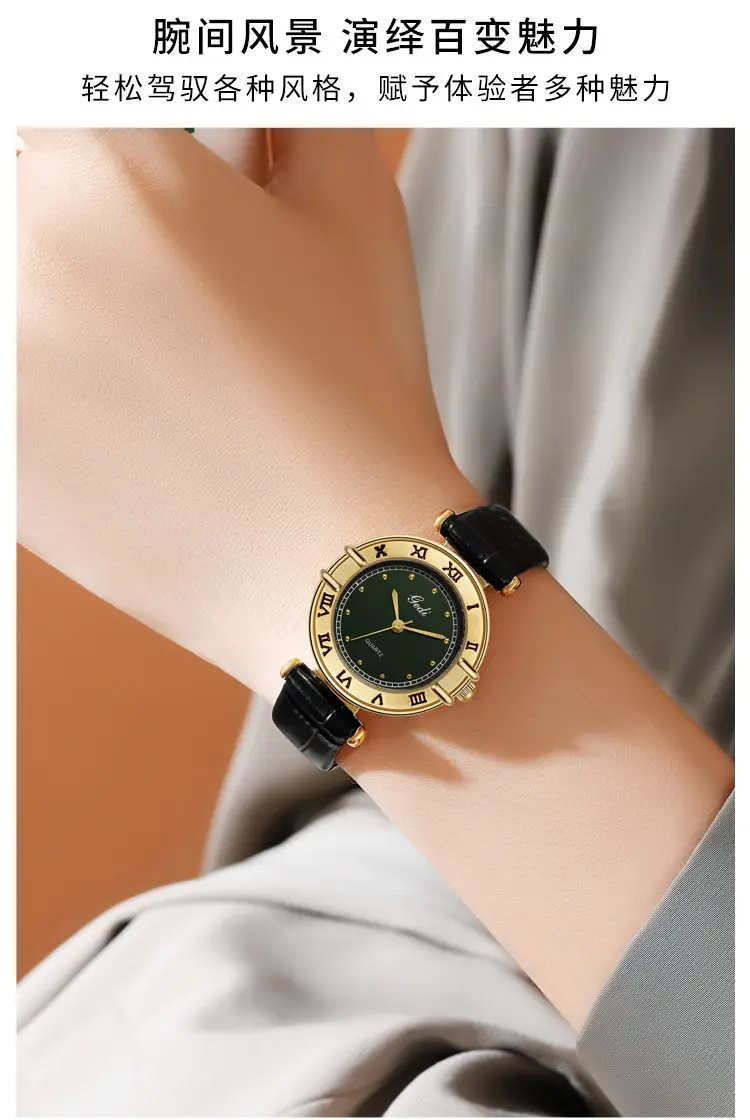 Gedi Women's Roman Dial Watch Gold Black Leather Band — feature 10