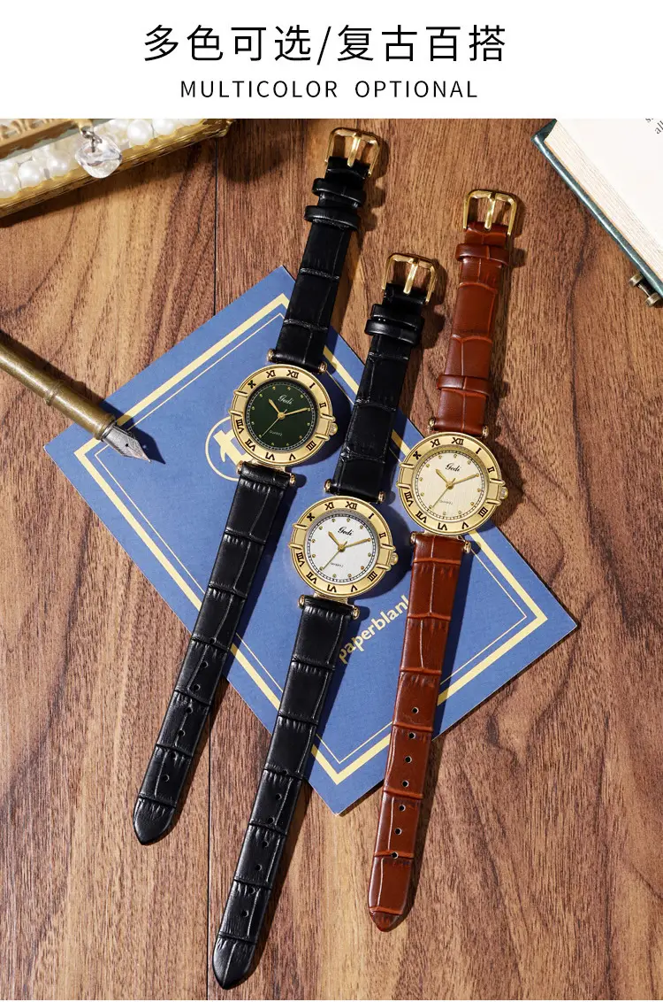 Gedi Women's Roman Dial Watch Gold Black Leather Band — feature 5