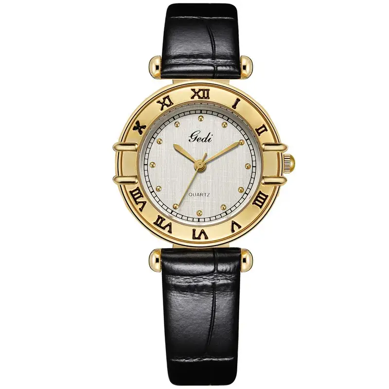 Gedi Women's Roman Dial Watch Gold Black Leather Band
