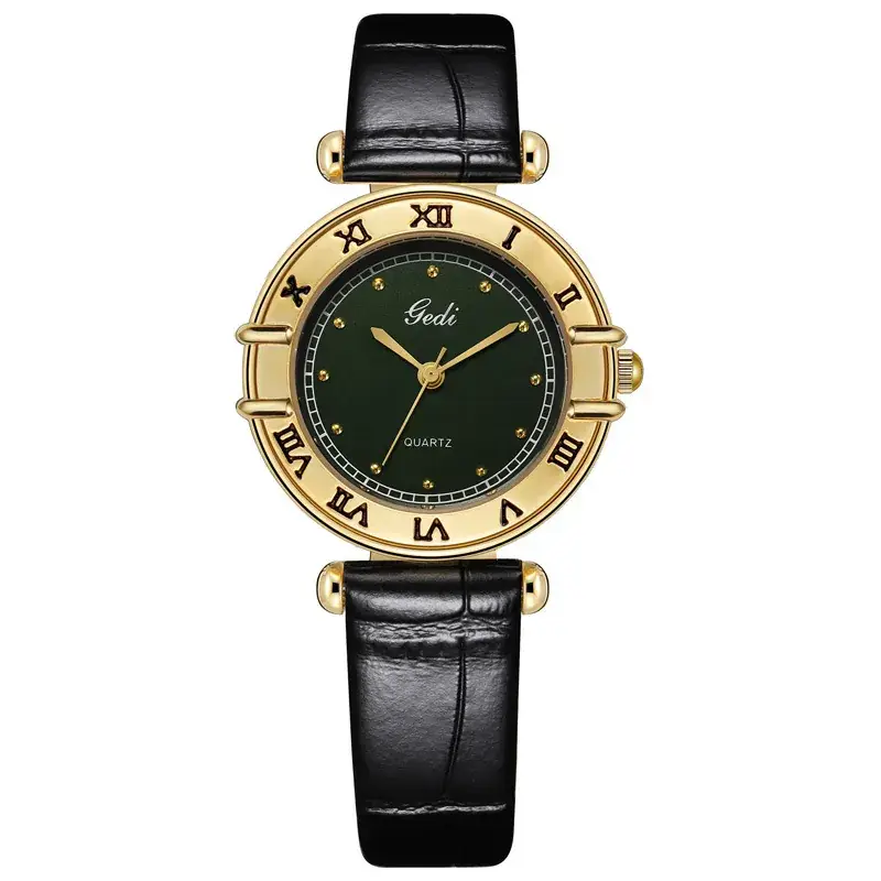 Gedi Women's Roman Dial Watch Gold Black Leather Band