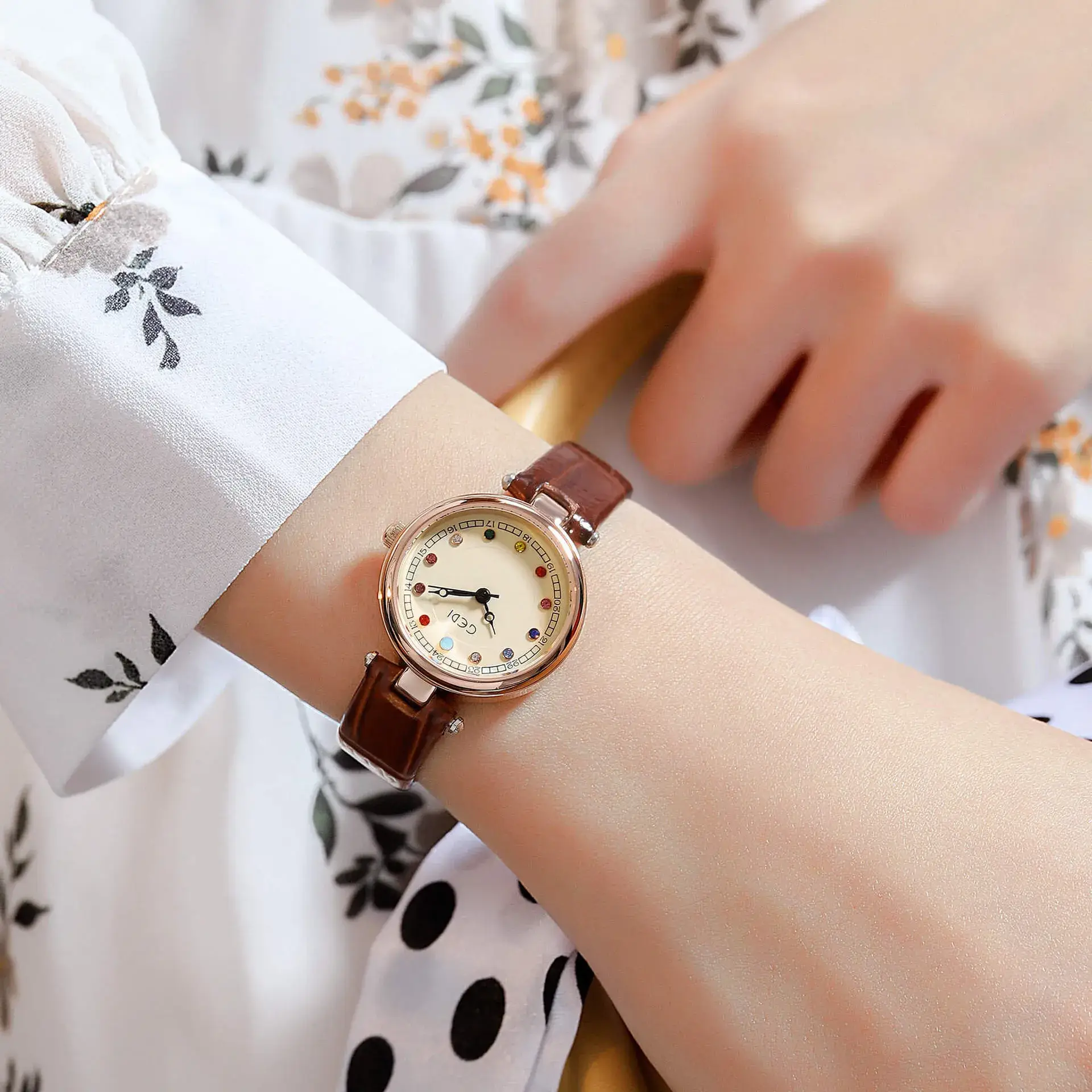 Women's Gedi Watch with Colorful Rhinestones & Black Belt - Image 5