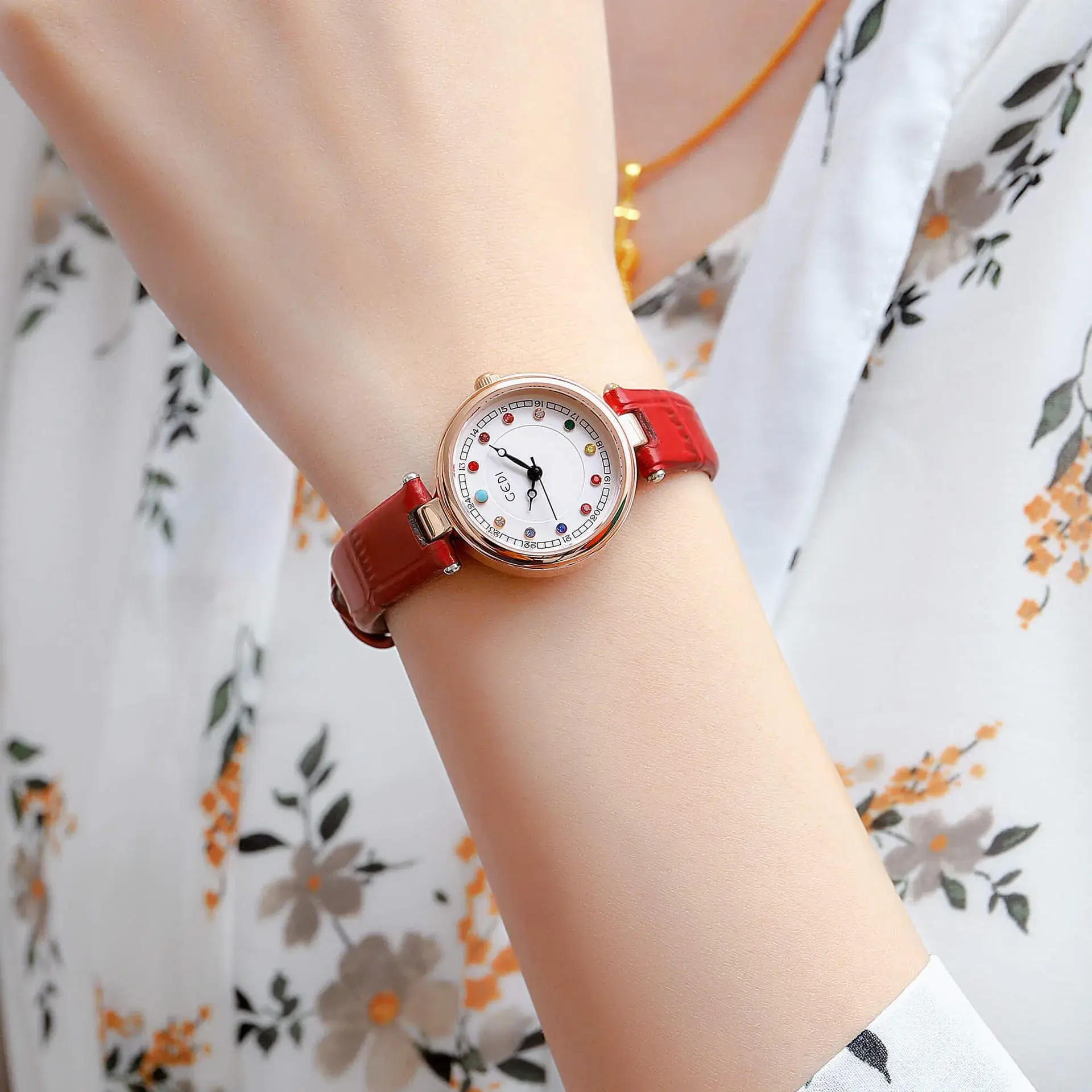 Women's Gedi Watch with Colorful Rhinestones & Black Belt - Image 6