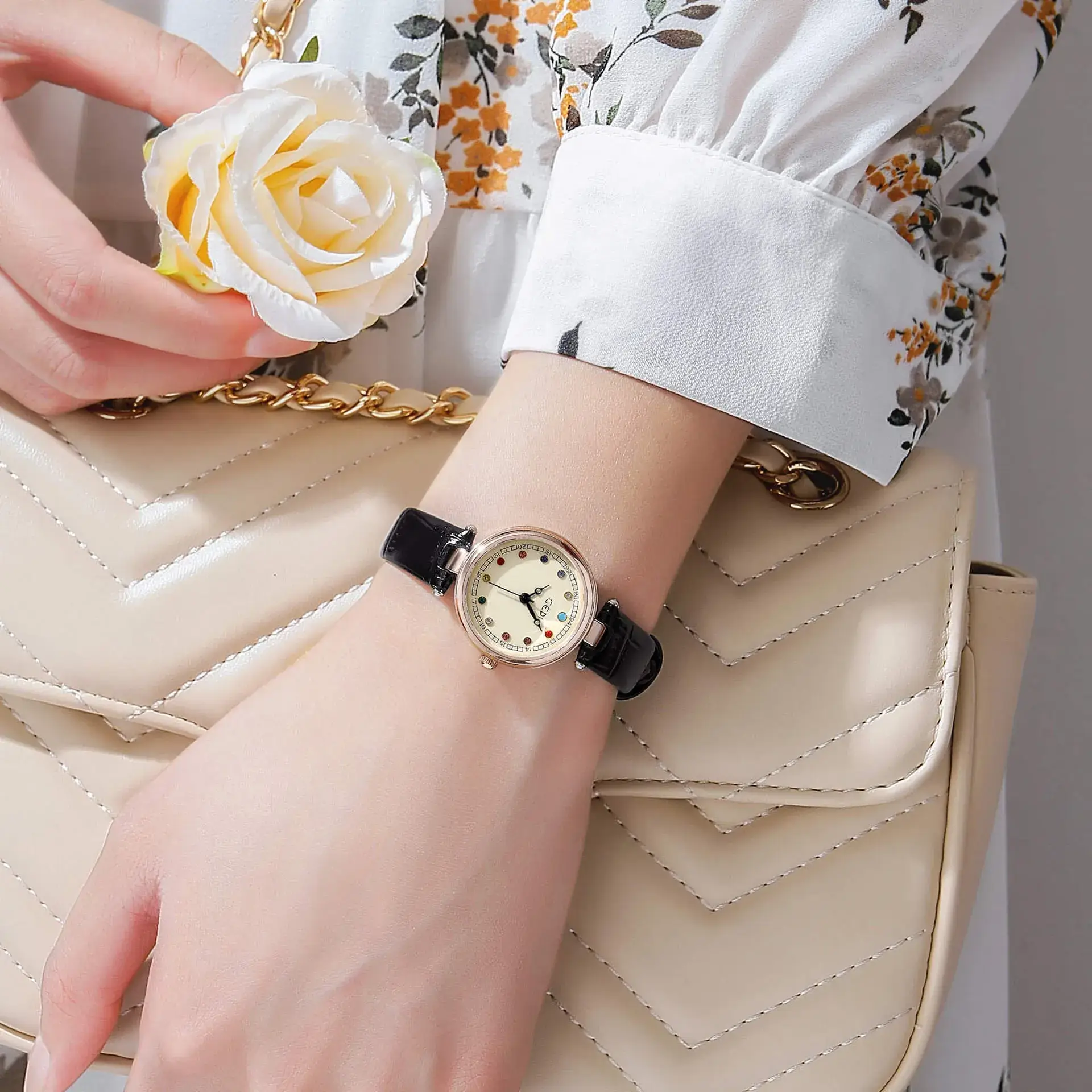 Women's Gedi Watch with Colorful Rhinestones & Black Belt - Image 7