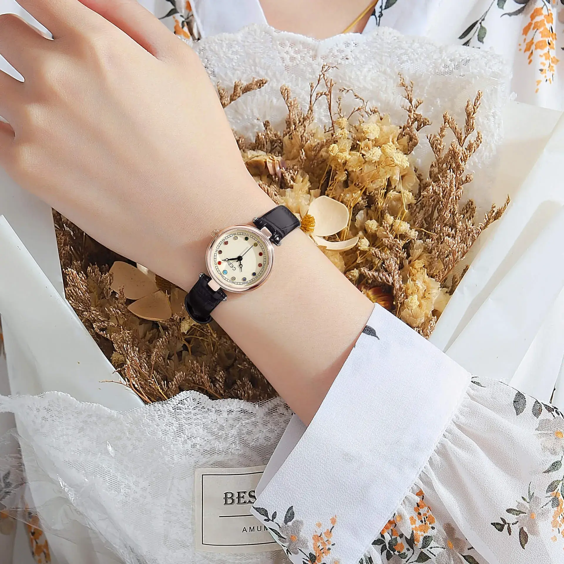 Women's Gedi Watch with Colorful Rhinestones & Black Belt - Image 8