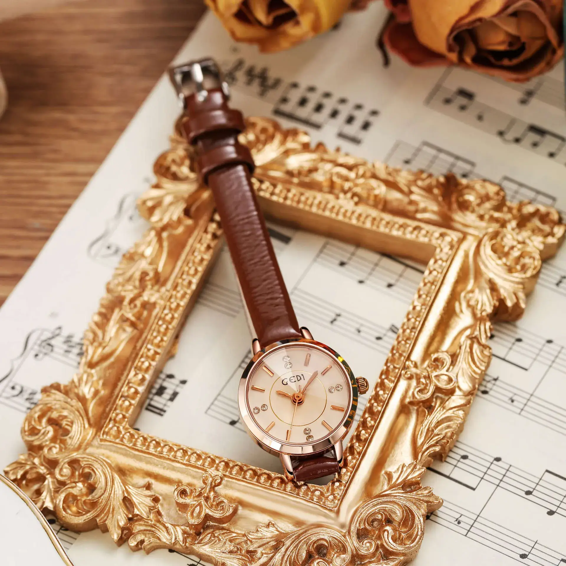 Gedi Korean Style Women's Watch Brown Leather Belt - Image 8