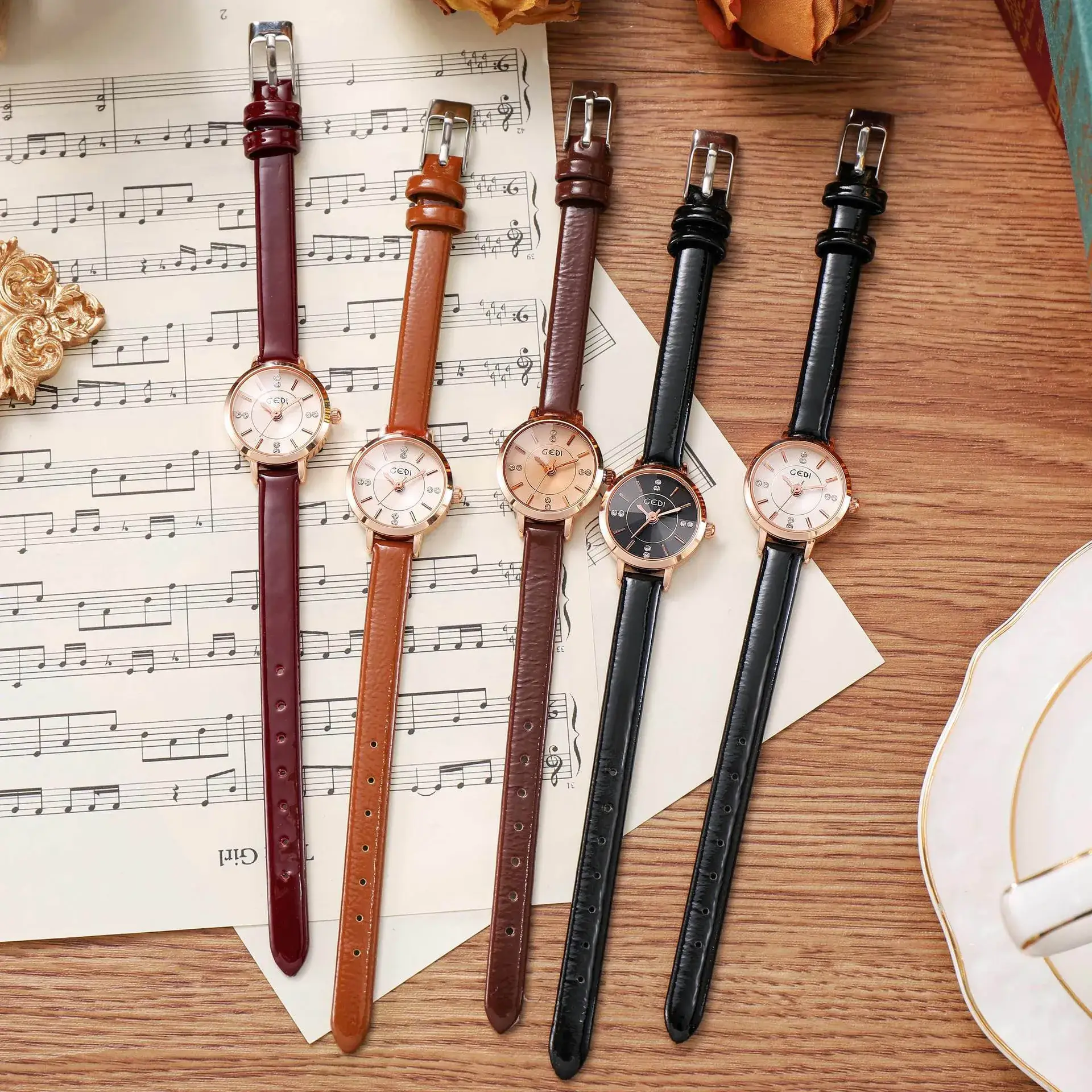 Gedi Korean Style Women's Watch Brown Leather Belt - Image 9