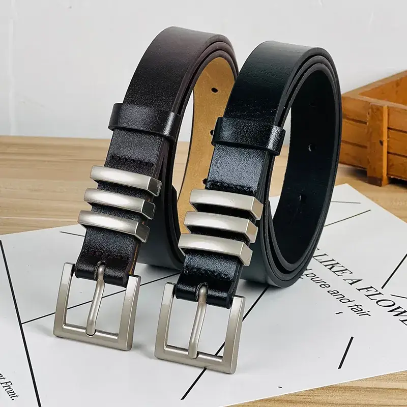 Women's Black Leather Belt with Silver Buckle - Image 3