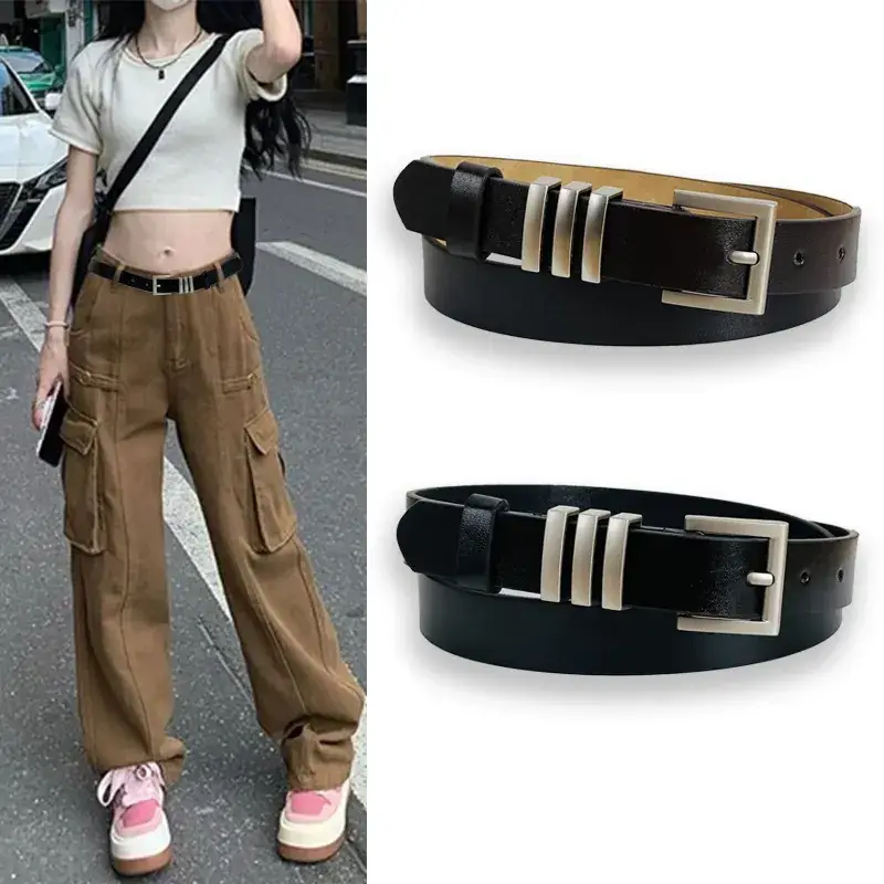 Women's Black Leather Belt with Silver Buckle - Image 4