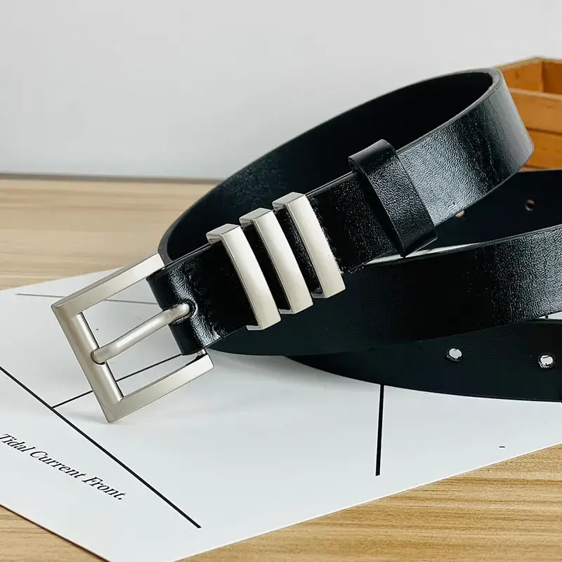 Women's Black Leather Belt with Silver Buckle - Image 5
