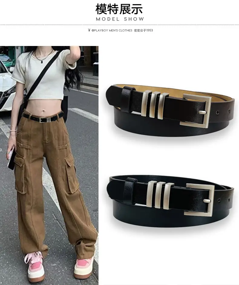 Women's Black Leather Belt with Silver Buckle — feature 10