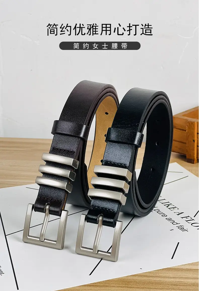 Women's Black Leather Belt with Silver Buckle — feature 2