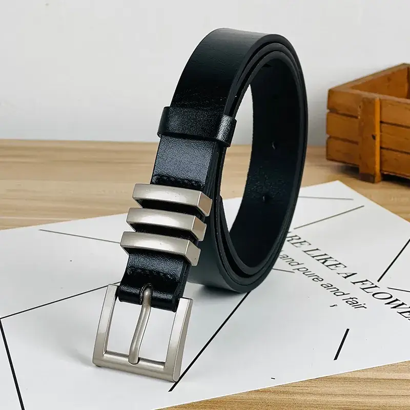 Women's Black Leather Belt with Silver Buckle