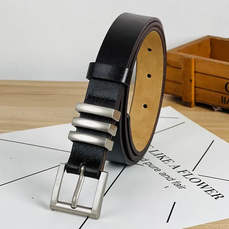 Women's Black Leather Belt with Silver Buckle - Image 2