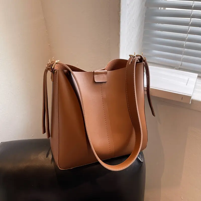 2024 Retro Brown Leather Bucket Bag with Tassel - Image 8
