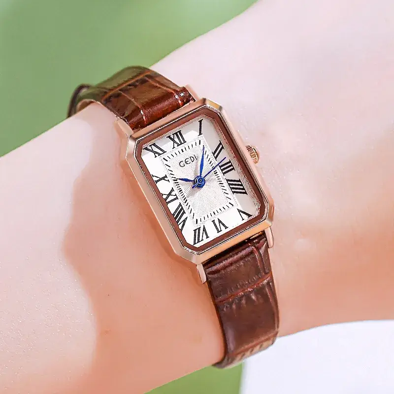 Women's Gedi Retro Square Watch with Brown Leather Band