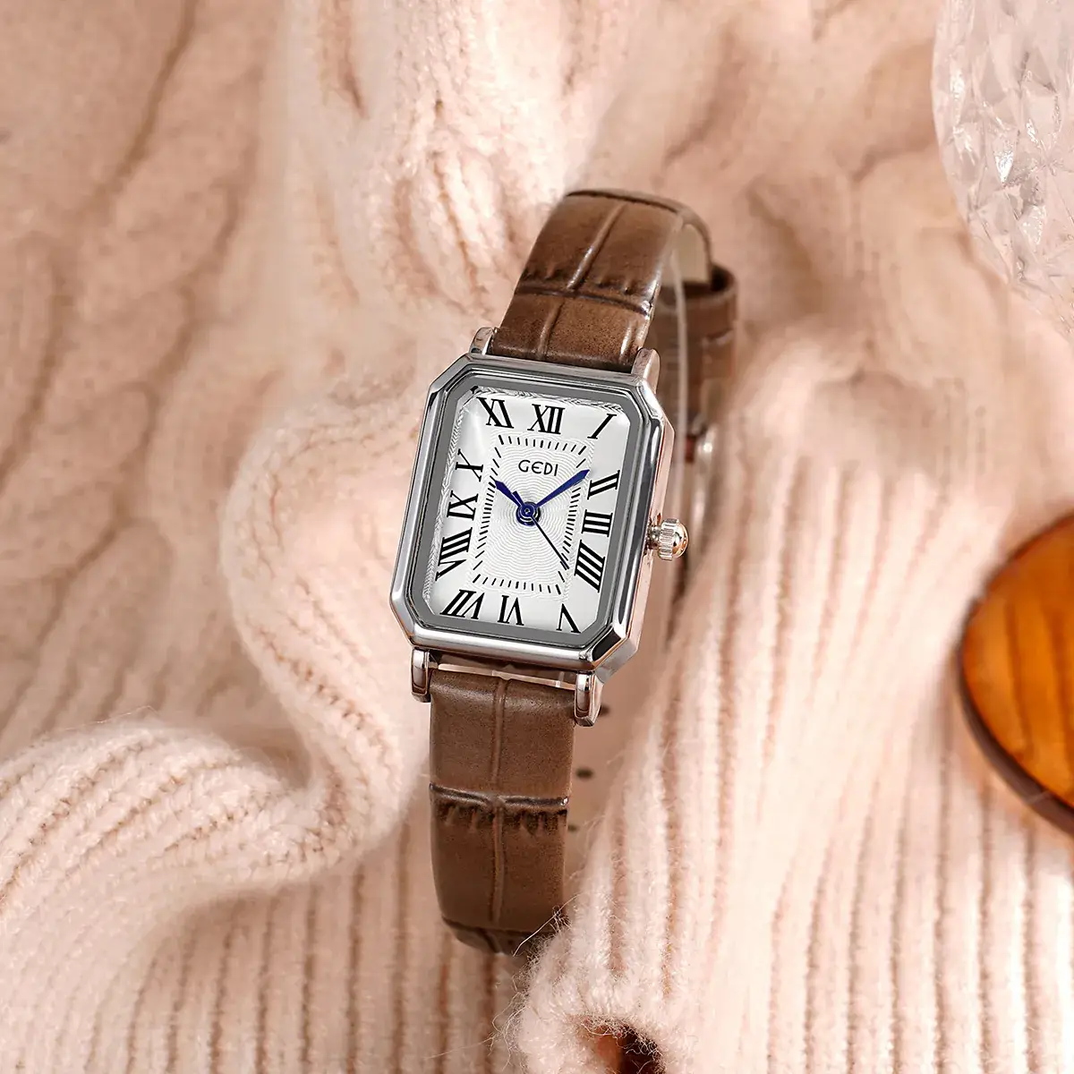 Women's Gedi Retro Square Watch with Brown Leather Band