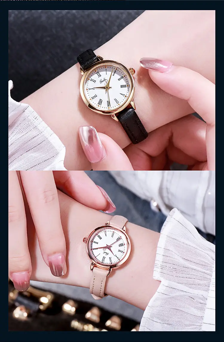 Women's Rose Gold Roman Scale Watch with Leather Belt — feature 2