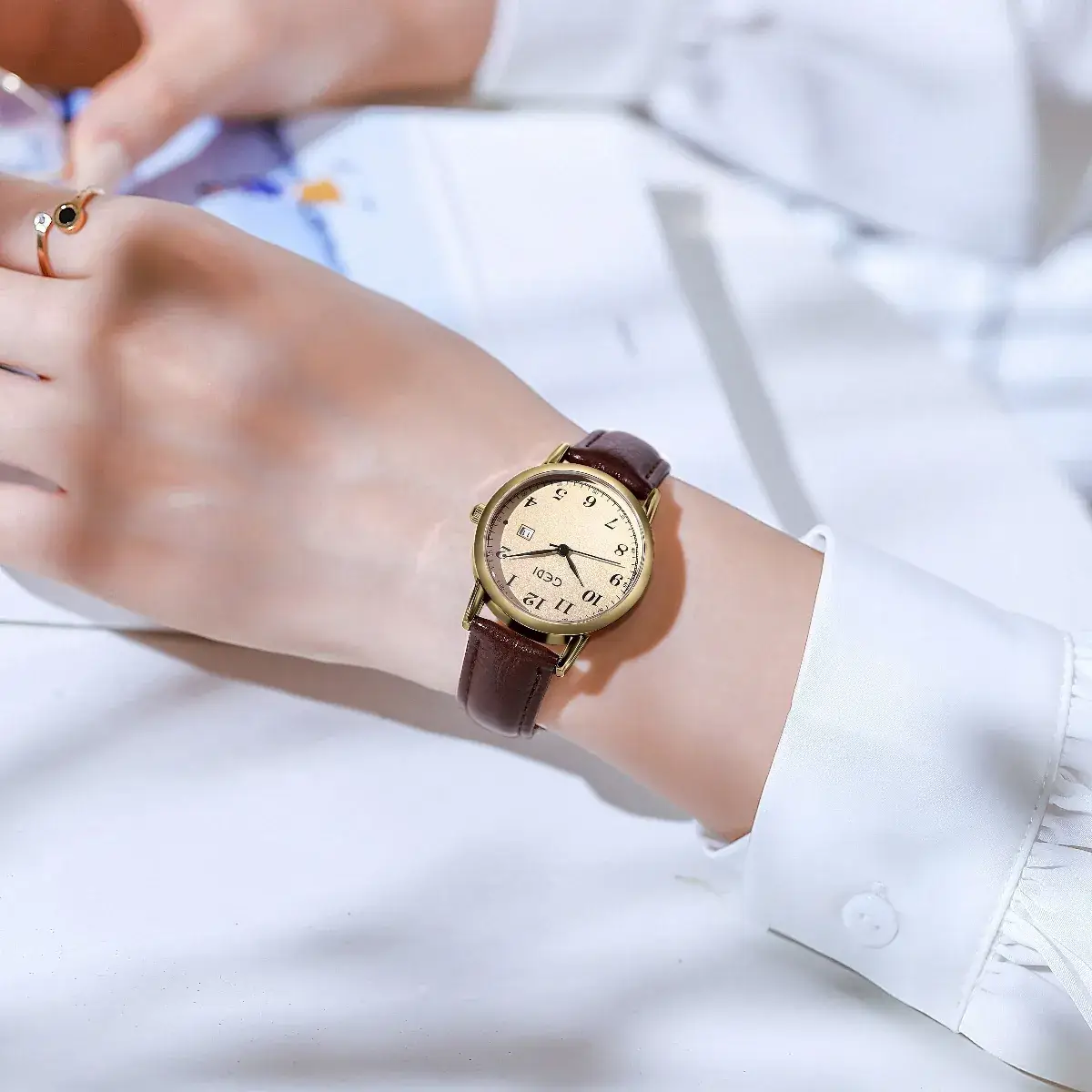 Women's Korean Style Quartz Watch with Brown Belt