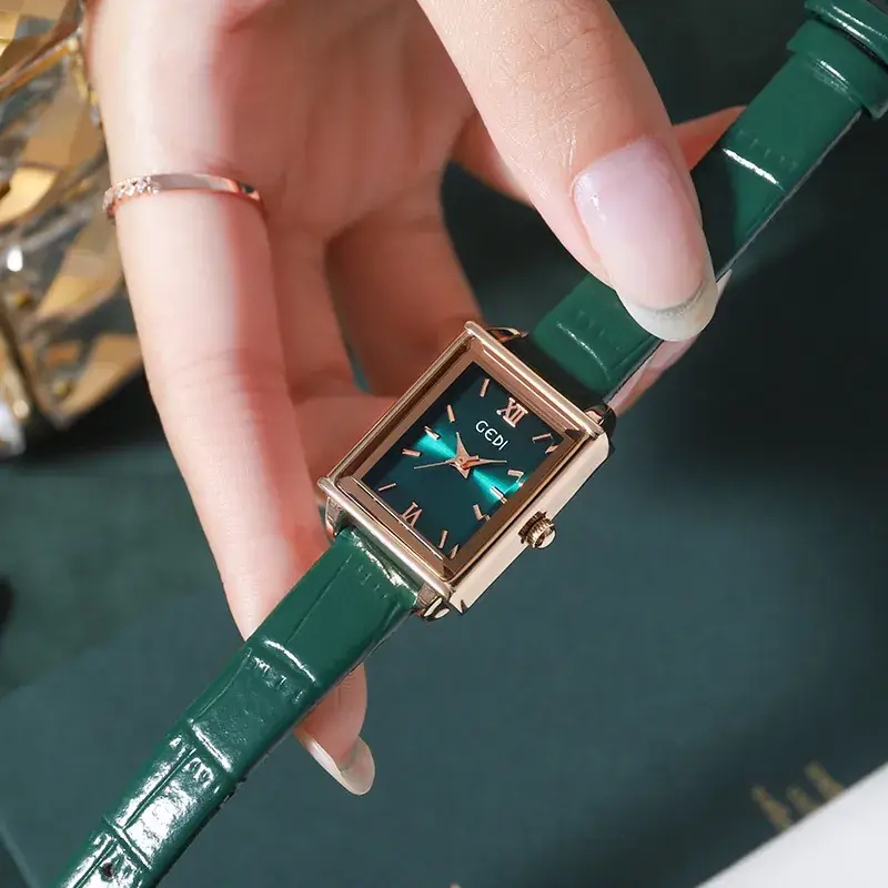 Gedi Women's Square Watch with Gold Plated Case & Black Leather Band - Image 10