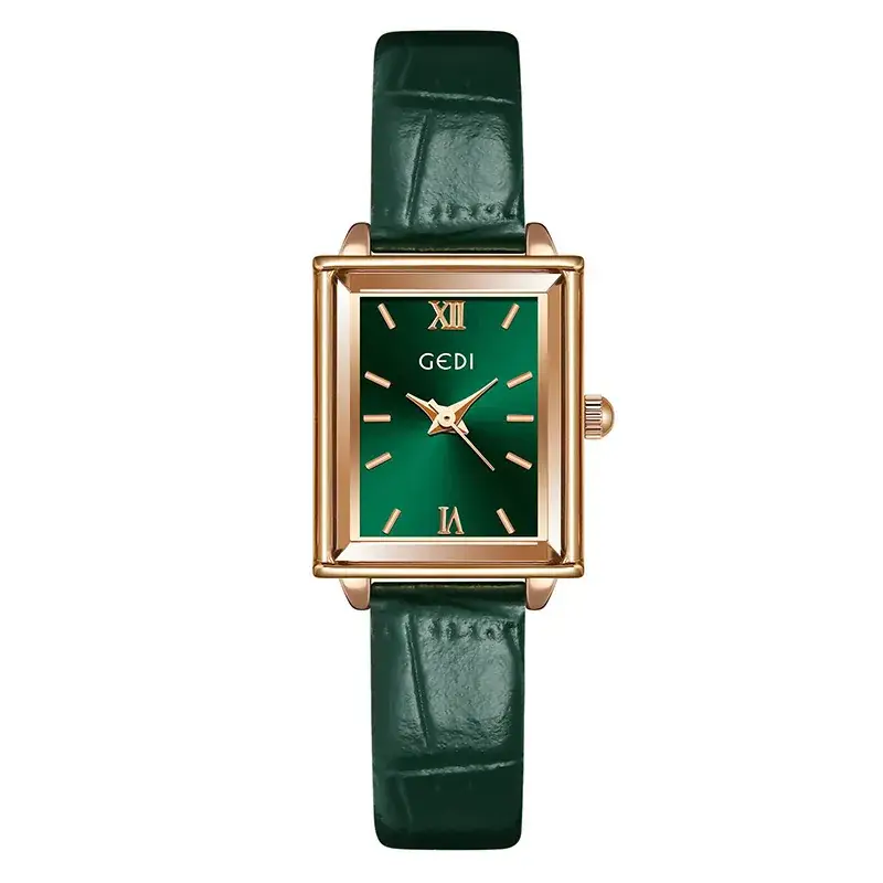 Gedi Women's Square Watch with Gold Plated Case & Black Leather Band - Image 11