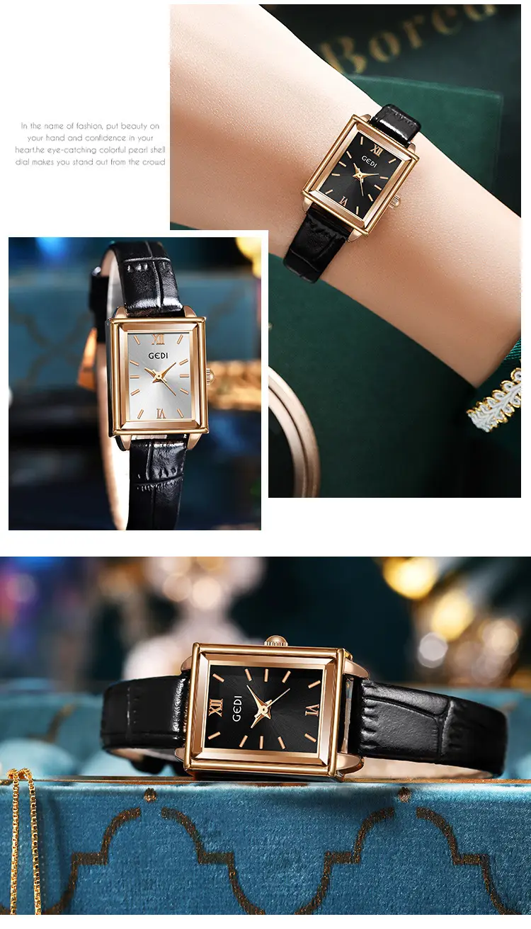 Gedi Women's Square Watch with Gold Plated Case & Black Leather Band — feature 10