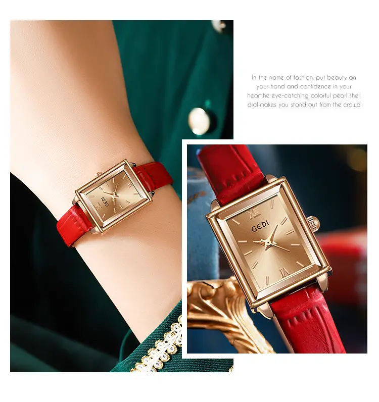Gedi Women's Square Watch with Gold Plated Case & Black Leather Band — feature 7